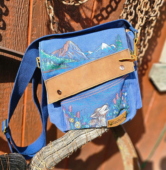 Glacier Wolf Hand Painted Cross Body Bag