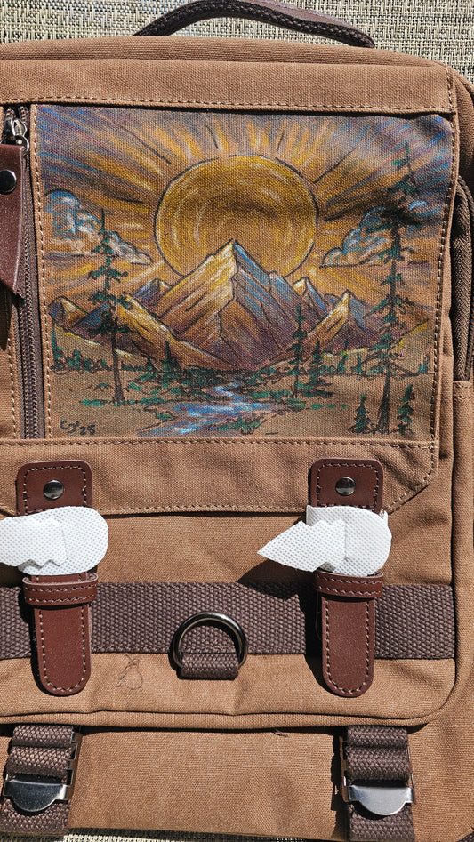 Hand Painted Canvas Backpack – “Sunrise Over Stillness”