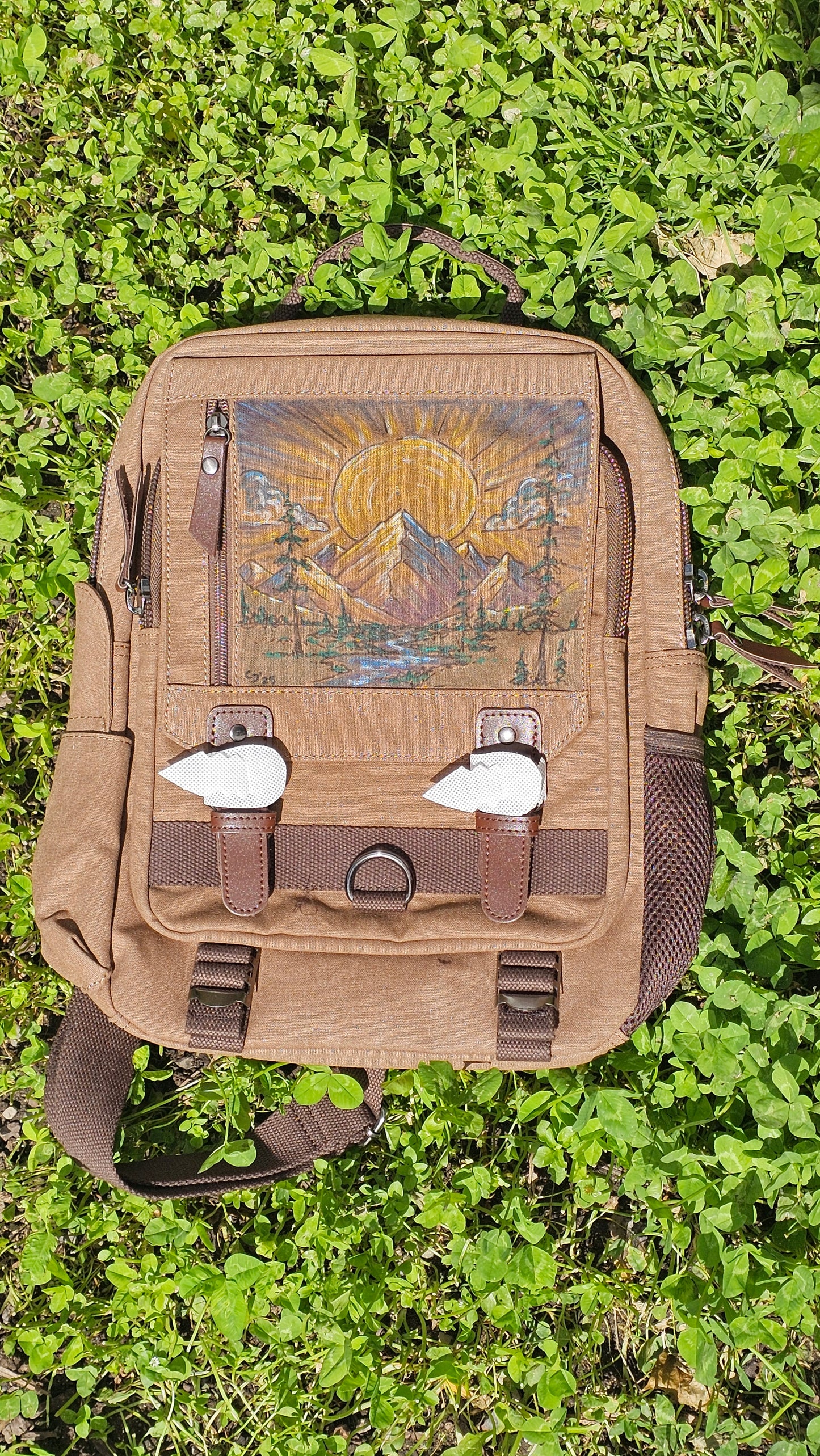 Hand Painted Canvas Backpack – “Sunrise Over Stillness”