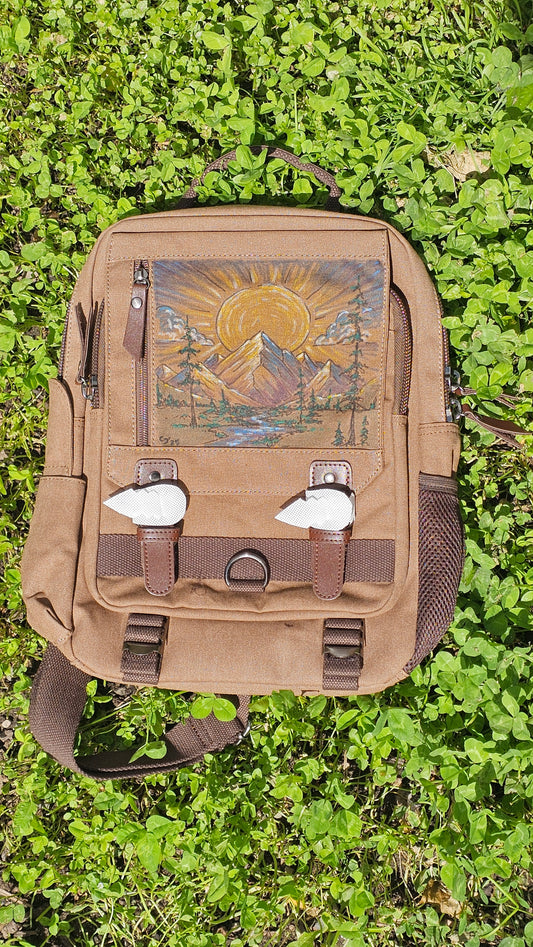 Hand Painted Canvas Backpack – “Sunrise Over Stillness”